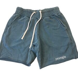 YOUNGLA Medium Blue Sweat Shorts Elastic Waist Raw Hem Casual Comfy Mens
